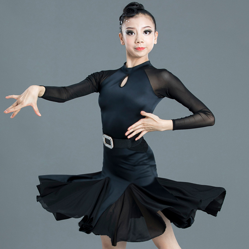 

Latin Dance Dress Girls Black Long Sleeve Competition Performance Dresses Rumba Cha Cha Samba Salsa Tango Kids Stage Wear DN5285