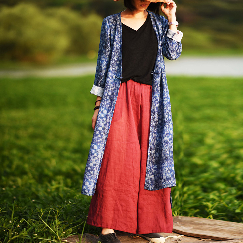

Johnature 2020 Spring Women Vintage Print Flowers Open Stitch Long Trench Coats New Causal Loose Long Sleeve Cardigan Thin Coat, Blue