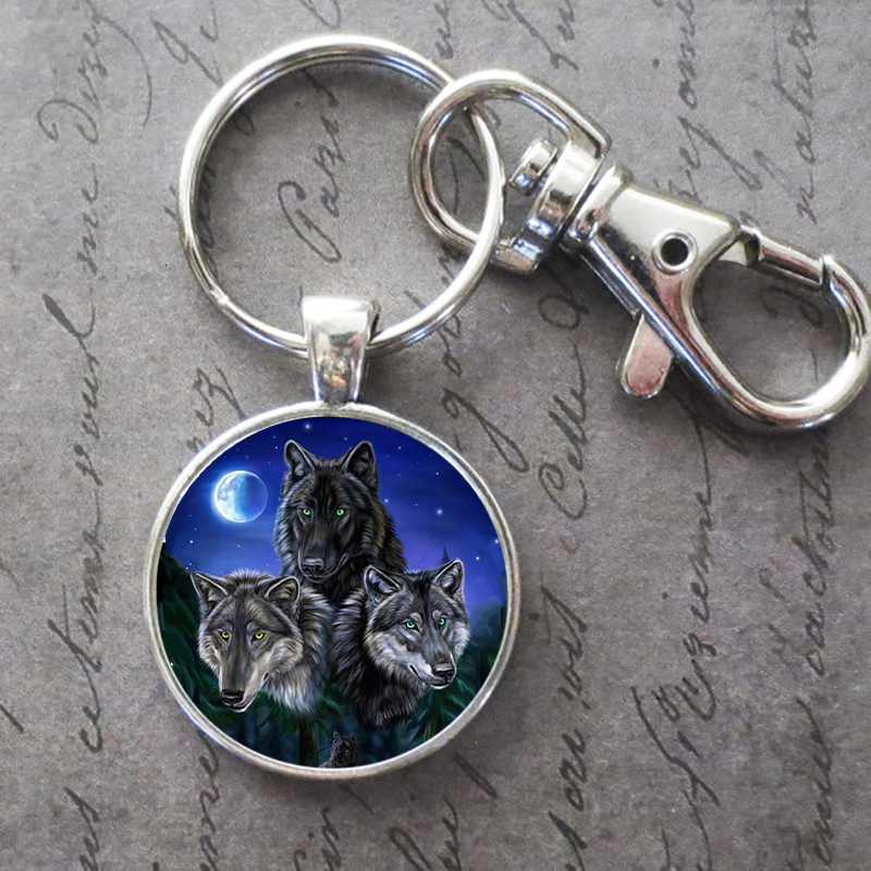 

Three Wolf And Moon Key Ring Key Chain Buckle Glass Crystal Pendant Birthday Festival Anniversary Gift Jewelry Accessories