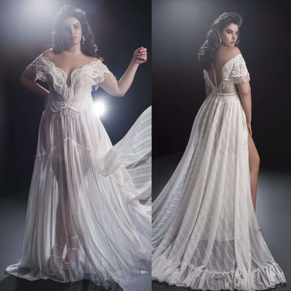 

Plus Size Wedding Dress Off Shoulder Front Split Tassel Beads Tulle Wedding Dresses Sweep Train Vestidos De Novia, Champagne