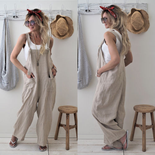 

Rompers 2020 New Brand Women Casual Loose Cotton Linen Solid Pockets Jumpsuit Overalls Wide Leg Cropped Pants hot, Beige