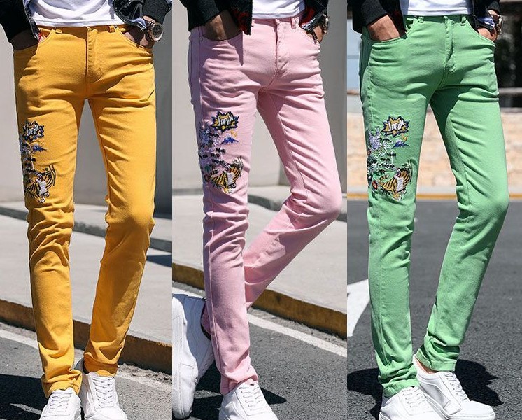 

2020 New Fashion Flower Floral Men Skinny Stretch Jeans Embroidered tights casual trousers color yellow pink green