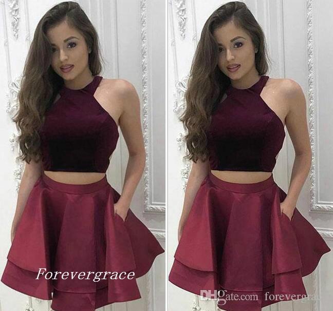 

2019 Cheap Burgundy Two Pieces Homecoming Dress A-line Halter Neck Juniors Sweet 15 Graduation Cocktail Party Dress Plus Size Custom Made, Orange