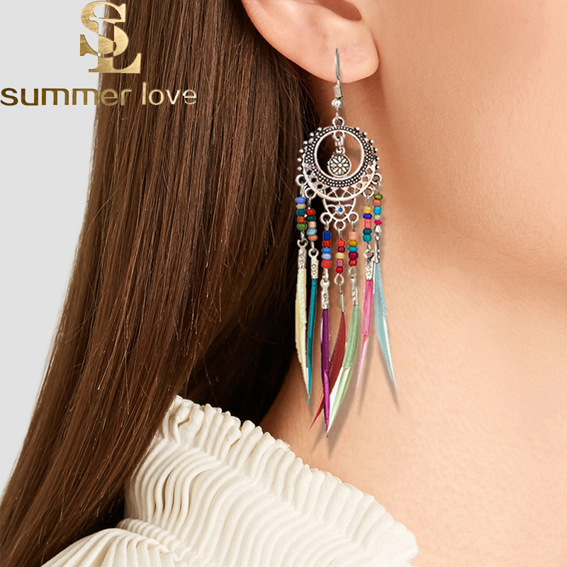 

Golden Silver Vintage Ethnic Rainbow Colors Beads Feather Dangle Drop Earrings for Women Female Wedding Tassel Earrings Fashion Jewelry