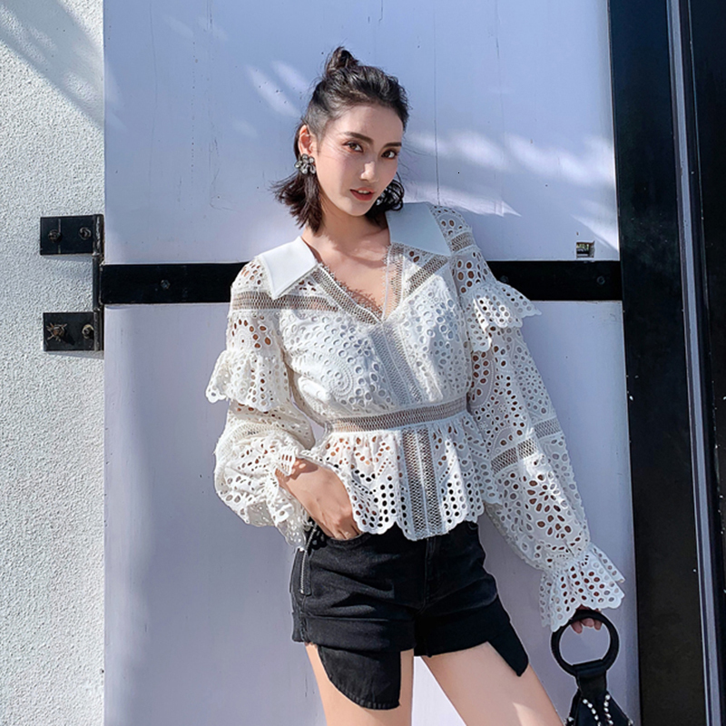 

2020 Blue Lace White Embroidery Hollow Out Perspective Shirts For Women blouses Lapel Collar Flare Sleeve Shirt Female Summer Fashion