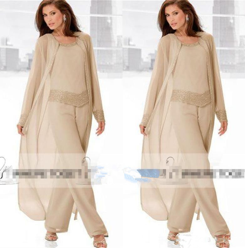 

2019 Champagne Three Piece Mother of the Bride Pant Suits with Long Jackets Long Sleeves Beaded Chiffon Mother Plus Size Wedding Guest Dress