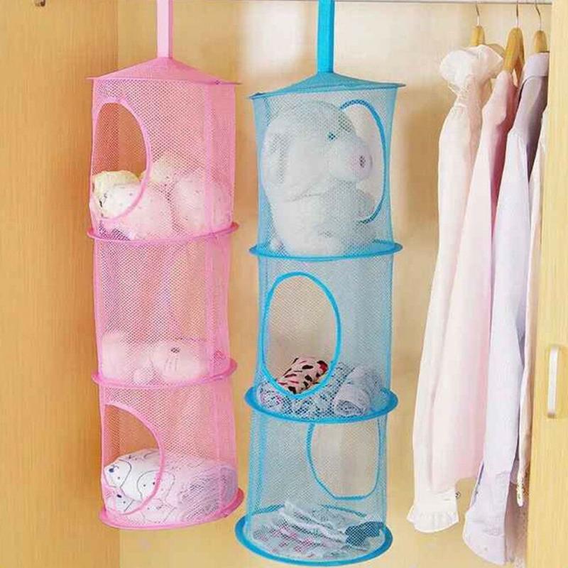 

3 Shelf Cylindrical Hanging Storage Net Wall Door Closet Kids Toys Socks Bedroom Bathroom Kitchen Closet Organizer Bags, Blue