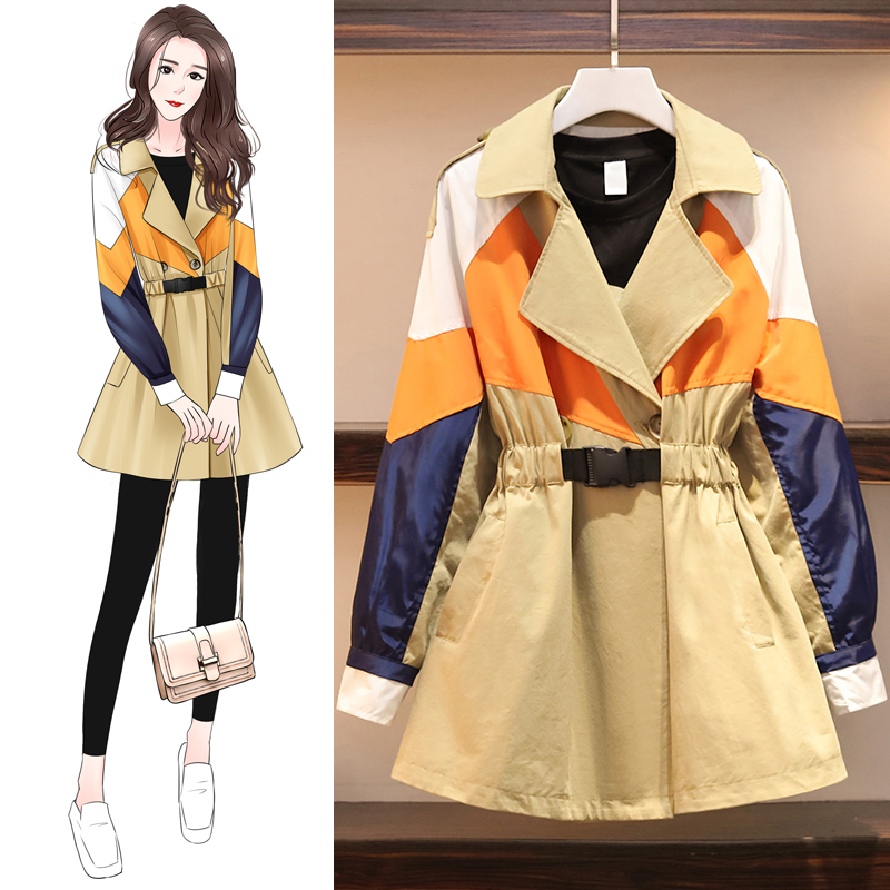 

Windbreaker Large Size Women's Spring Foreign Mid-length Windbreaker Stitching Loose Long-sleeved Trench Coats Cardigan New Z395, Photo color