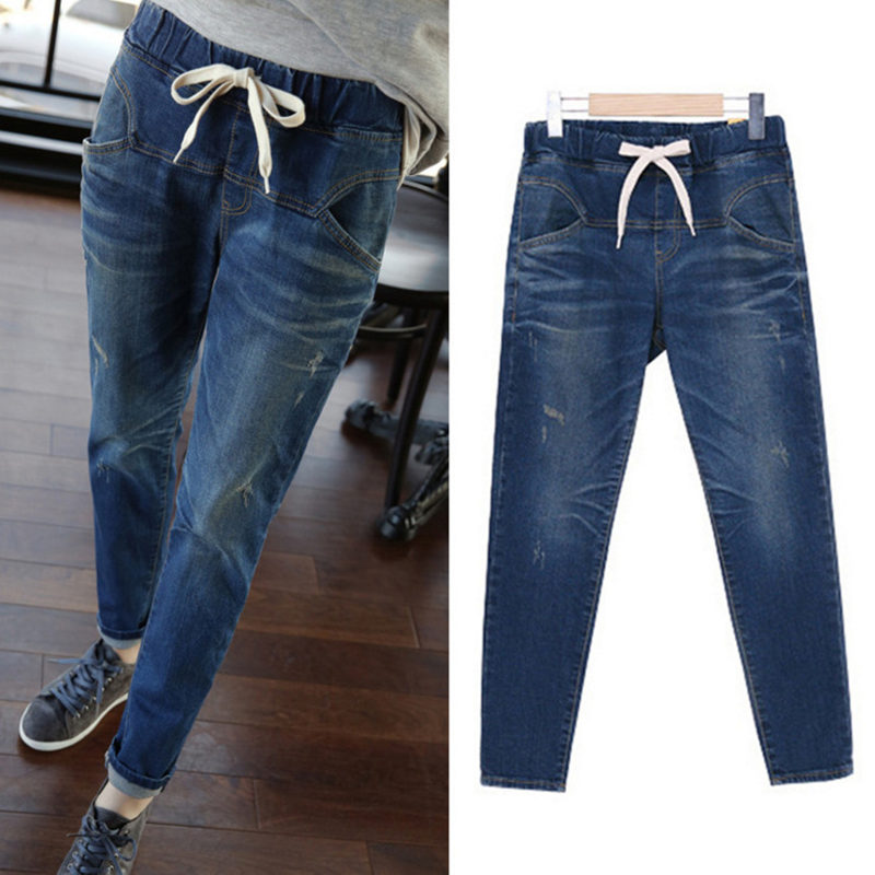 

NEW Plus Size Jeans Women Denim Harem Pants Casual Boyfriend Jeans For Women Loose Stretch Streetwear High Waist Mom Q1814, Blue jeans
