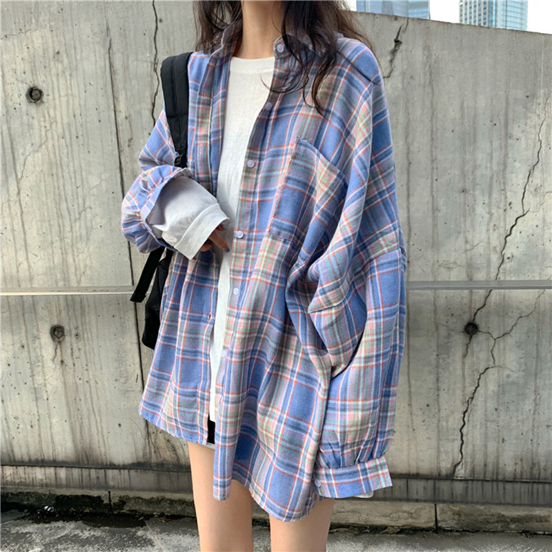 

Korean Design Sense Small Retro Plaid Shirt Loose Large Long Sleeve Sun Proof Coat Shirt Top Student Girl, Blue