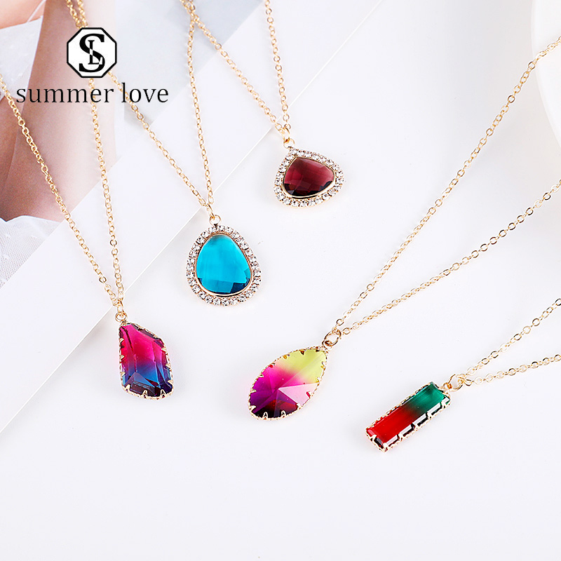 

New Trendy Crystal Glass Pendant Charm Necklace Colorful Gold Chain Round Shell Necklace For Women Party Jewelry Wholesale-Y