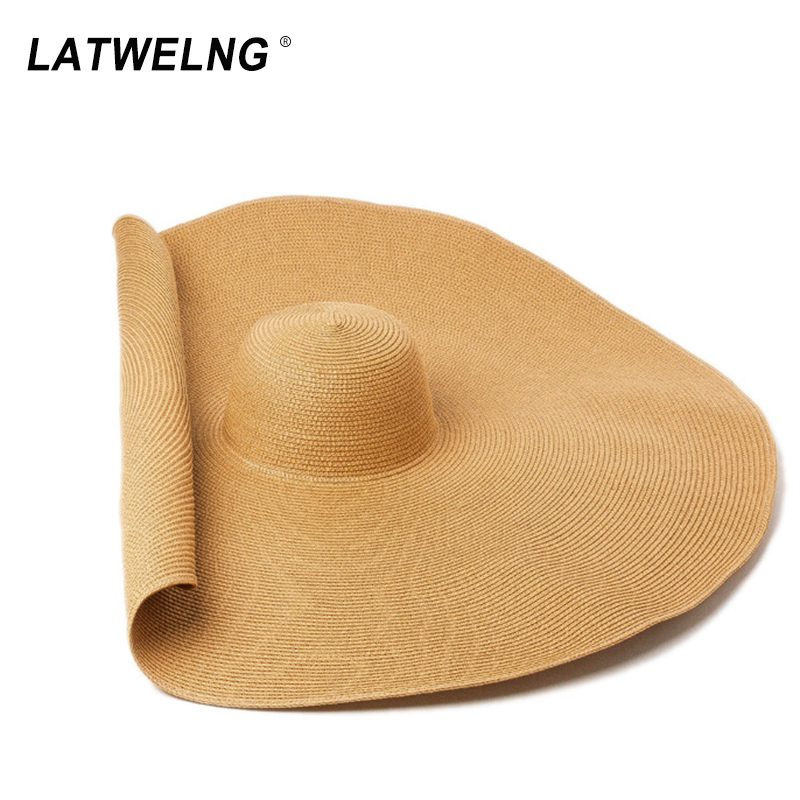 

Super Bigger Brim Wide Straw Hats For Women Foldable Paper Beach Hat Summer Sun UV Hats Stage Cap Dropshipping Wholesale Y200716, Beige