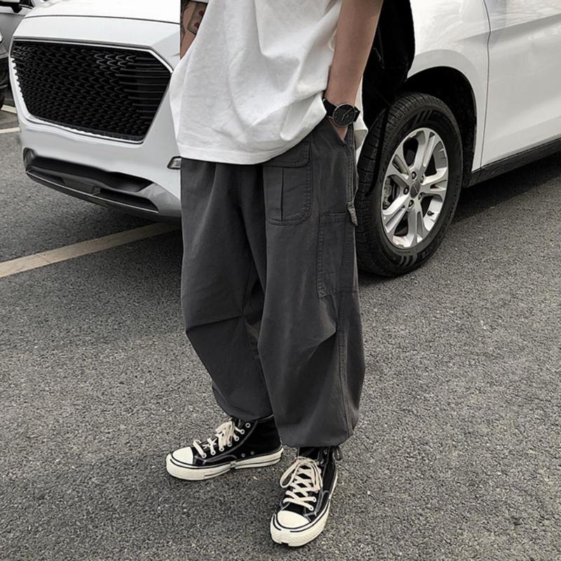 

Casual Cargo Pants Men Trousers Multi Pockets Elastic Waist Drawstring Ankle Tie Pants Trousers Men Cargo Pantalon Homme, Grey