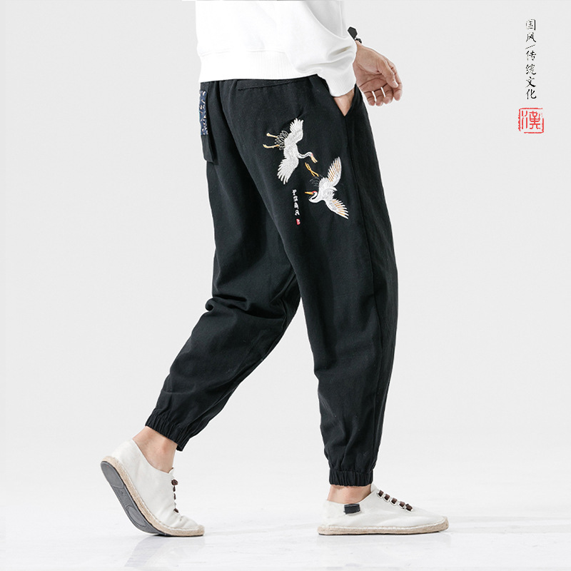 

Japanese Casual Kimono Pants Loose HarajukuTrousers Japan Men Traditional Asian Clothing Yukata Style Embroidered Harem Costume, Gray