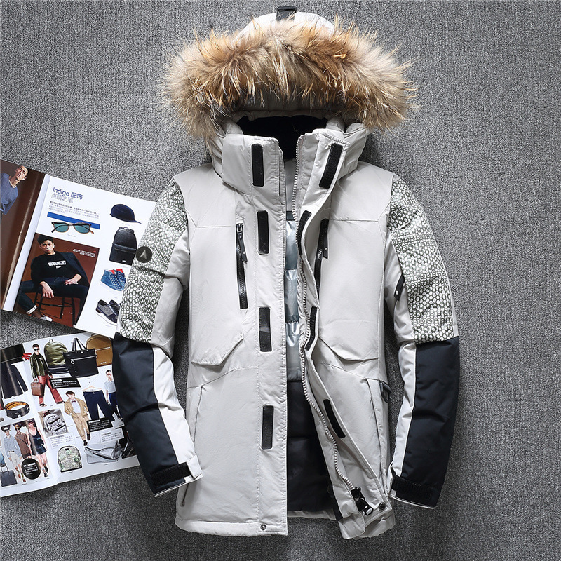 

2019 winter new down jacket color stitching high quality fur fur collar white duck down thick warm men's casual jacket, Black