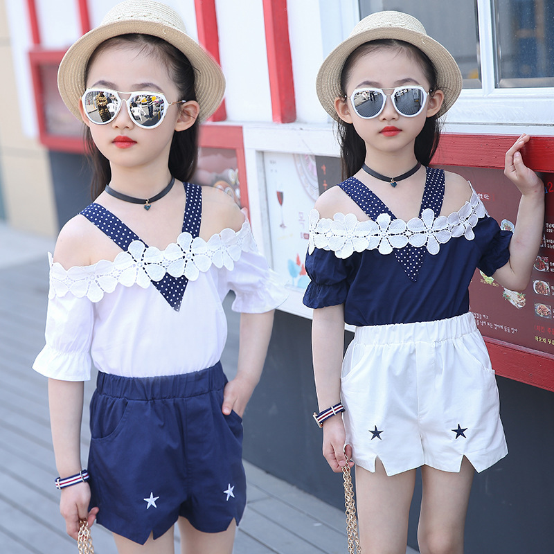 

Girls Sets Summer New Baby Kids Fashion Shoulderless T-shirt + Short Pants 2PC Girls Clothes Suits Cute Outfits 6 8 10 12 Years, Blue