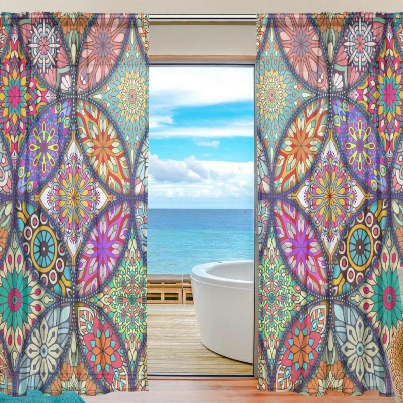 

Colorful Mandala Bohemian Sheer Curtains for Living Room 2 Panels Floral Window Tulle Curtain Custom Voile Curtain for Bedroom, Item 5