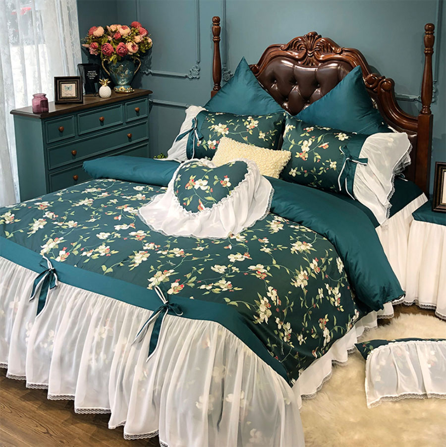 

Green pastoral floral bedding set girl, king queen home textiles 60s plush cotton double bed dress pillow case duvet cover, Picture color