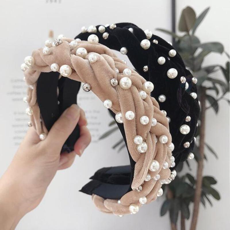 

New Autumn Winter Headwear Turban Women Pearls Flannel Headband Cross Knot Warm Hairband Adult Hair Accessories High Quality