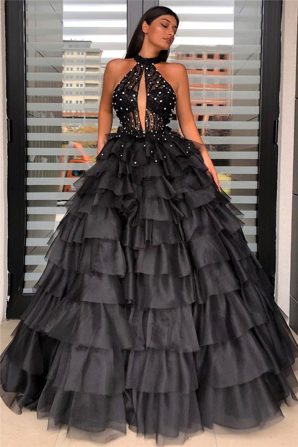 

Graceful Halter Neck Beaded Sleeveless Ball Gown Prom Dresses Tired Tulles Illusion Girl Evening Party Wear Custom Made Quinceanera Gowns, Fuchsia