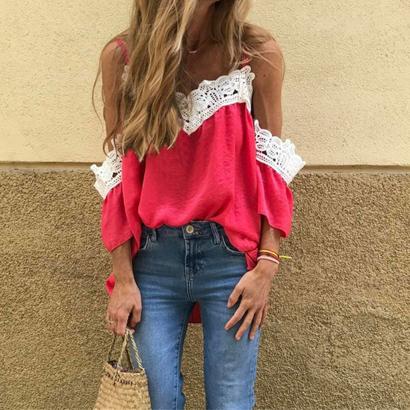 

Sexy Lace Blouses Women V Neck Tank Shirt Off Shoulder Fashion Tops Spring Summer Casual Blouse Korean Clothes Blusa New SJ5464V, Black