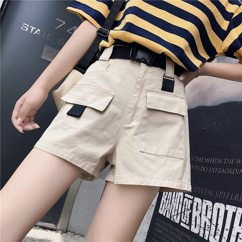 

Korea ins summer bf loose pocket sexy short vintage women Ulzzang large size button solid color high waist casual cargo shorts