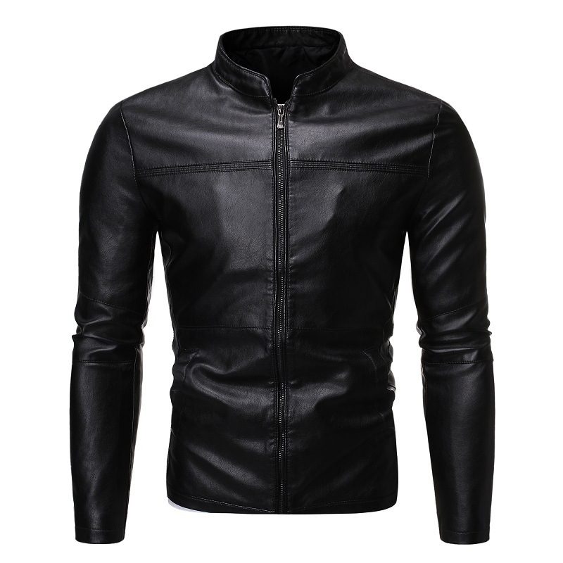 

Cross-border trade new winter 2019 men's fashion stand-up collar Slim motorcycle leather jacket, Black