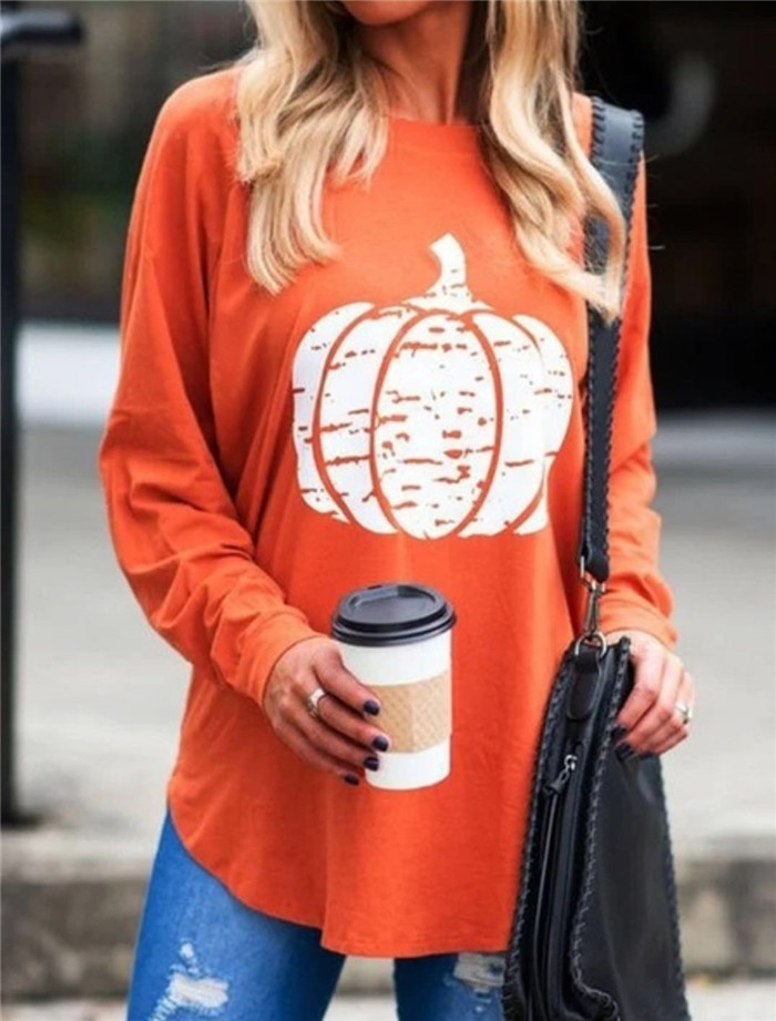 Womens Loose Casual T-Shirts Autumn O Neck Long Sleeve Women Tops Plus Size Pumpkin Pattern Ladies tshirts S-5XL