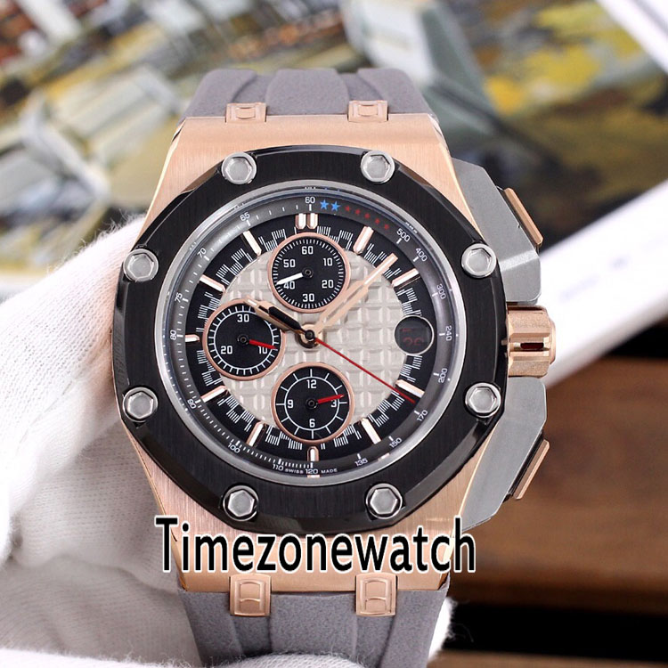 

New Royal 26568PM Two Tone PVD Rose Gold Black Inner Gray Texture Dial VK Quartz Chronograph Mens Watch Gray Rubber Timezonewatch E64a1, Customized waterproof service
