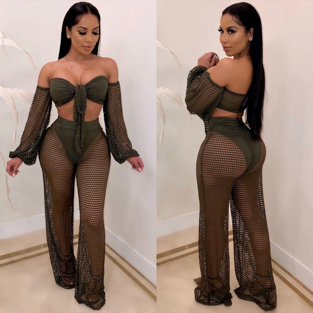 

AHVIT Gridding Hollow Out See Through Sexy Two Piece Set Lantern Sleeve Bow Bandage Crop Top And Straight Wide Leg Pant MOS-M883, Army green