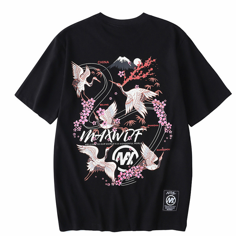 

Januarysnow Men T Shirt Streetwear Japanese Tshirt Harajuku Floral Crane Hip Hop T-Shirt Short Sleeve Summer Cotton Tops Tees Black, Blue
