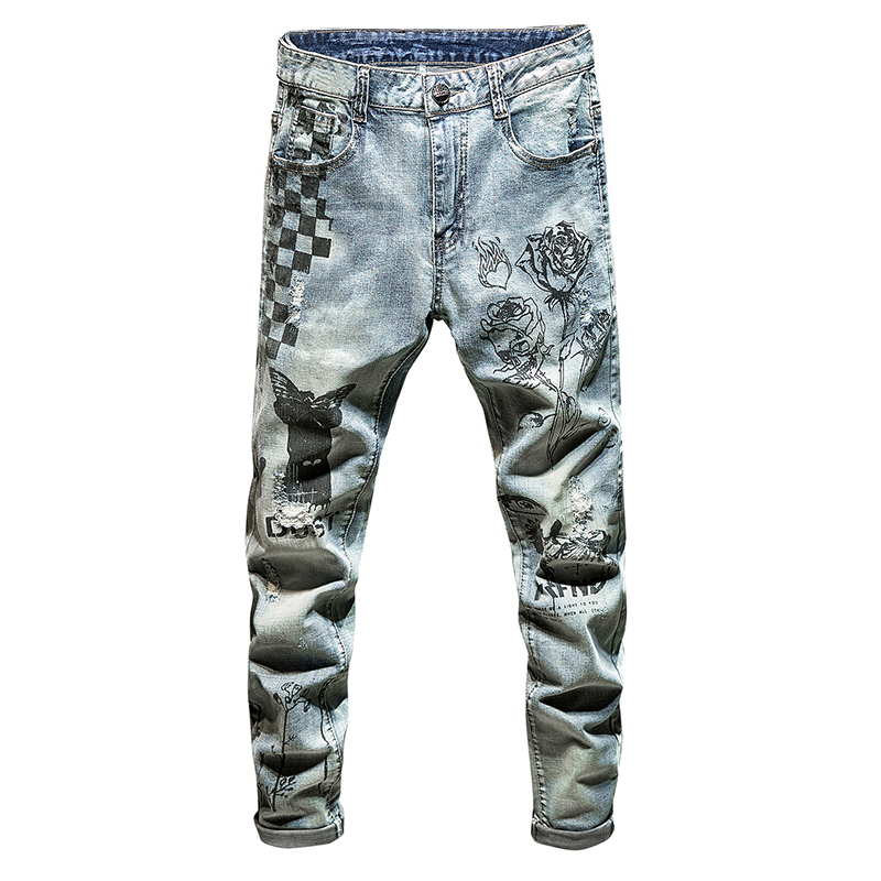 

Sokotoo Men's fashion plaid rose flower printed jeans Trendy holes ripped stretch denim pants, Blue
