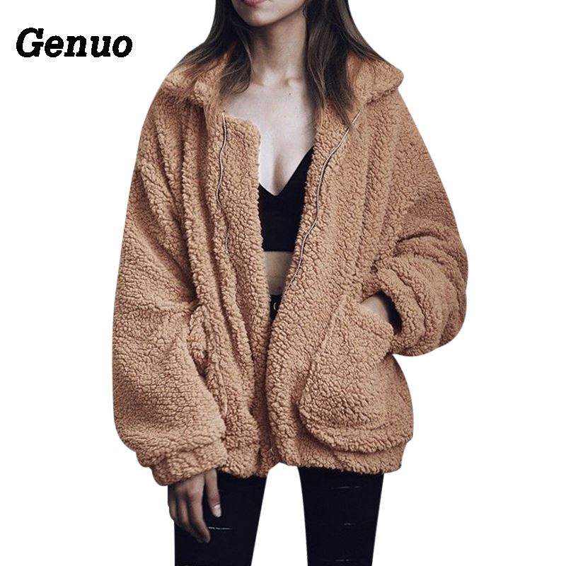 

Genuo Women Fashion Fluffy Shaggy Faux Fur Warm Winter Coat Cardigan Bomber Jacket Lady Coats Zipper Outwear Jackets Streetwear, Black