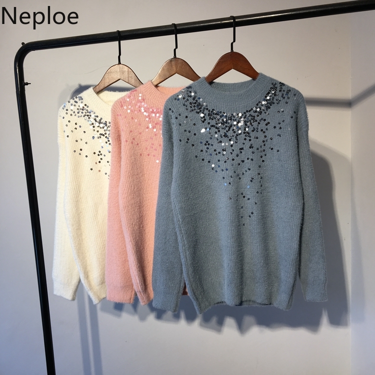 

Neploe Sequin Thick Sweater Women Knit Pullover Korean Top Winter Jumpers Women 2019 Long Sleeve O-Neck Loose Pull Femme 54875, Blue