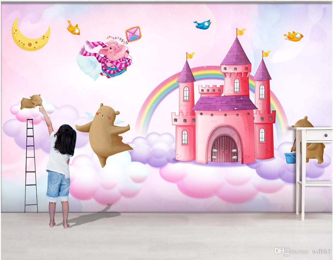 

3d room wallpaper cloth custom photo Hand painted watercolor castle dog bear pig bird children's room wallpaper for walls 3 d wall cove, Picture shows