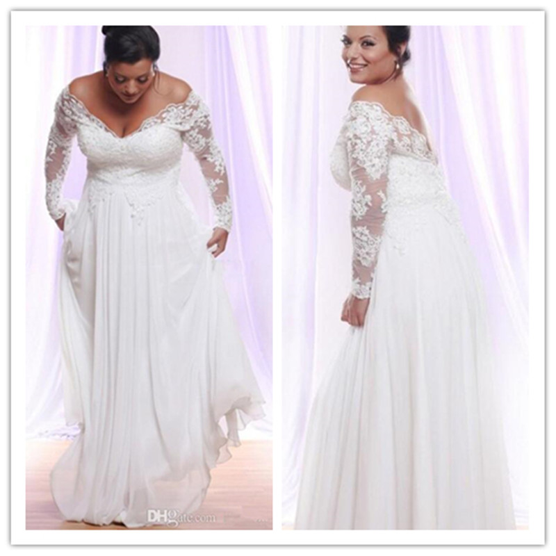 Plus Size Lace Chiffon Beach Wedding Dresses 2020 Long Sleeves Off Shoulder Floor Length Elegant Bridal Gownse Custom Made Vestidos De Noiva
