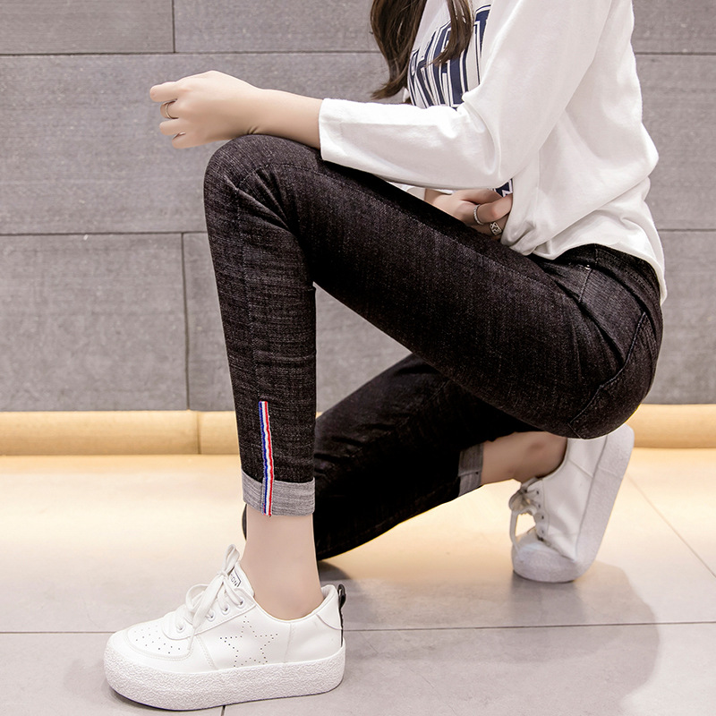 

Spring Summer and Autumn Skinny High Waist Pants Women 2020 Pencil Pants Cotton Show Thin High Elasticity Nine Points Jeans, Ribbon jeans black