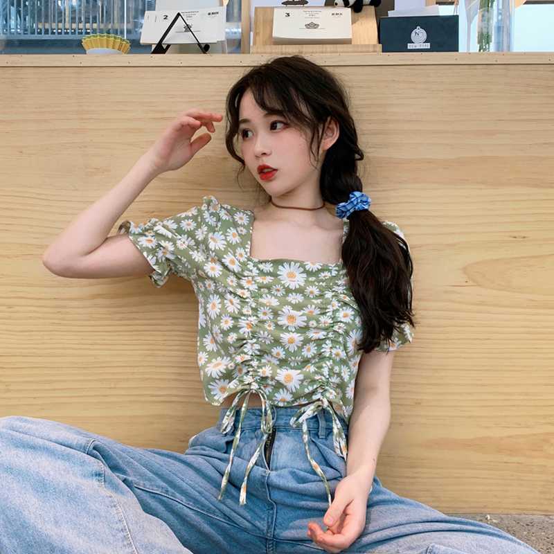 

Women Chiffon Blouse Butterfly Sleeve Little Daisy Summer Women Tops Square Collar Printed Blouse Drawstring Short Shirt YT50252, Black