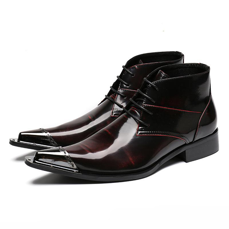 

Plus Size Pointed Toe Lace up Man Handmade Runway male paty prom shoes Patent Leather Men's Rocker Riding Ankle Boots, As pictures