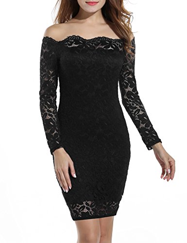 

Adoeve Women Long Sleeve Bodycon Cocktail Dress Party Off Shoulder Lace Wedding Dresses S-XXXL, Black