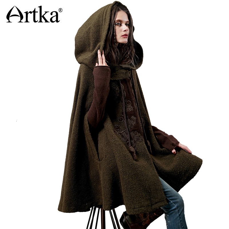 

Artka Women's Winter New Vintage Warm Woolen Hoodie Cloak Coat Embroidered Drop-Shoulder Sleeve Wool Cape Outerwear WA10220D S18101102, Black