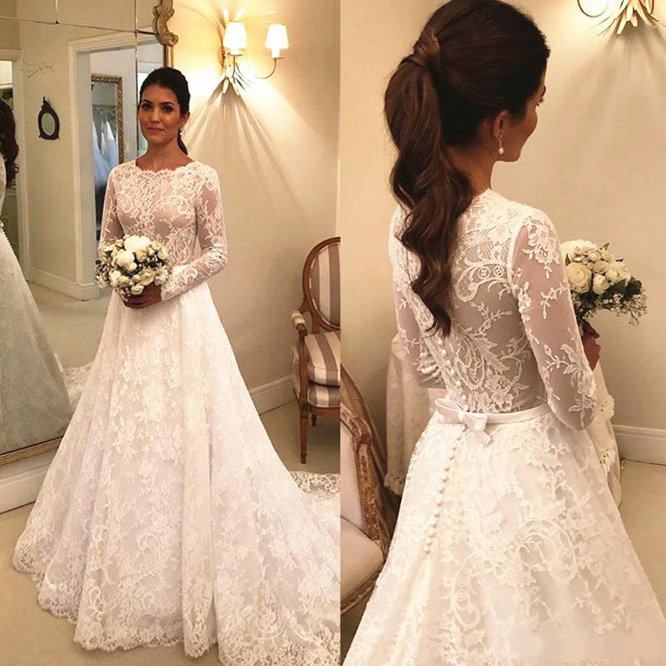 

Modest Design Full Lace Wedding Dresses Long Sleeve Jewel Neck Small Bow Sash A Line Bridal Gowns Vestido De Noiva Sweep Trail, Red