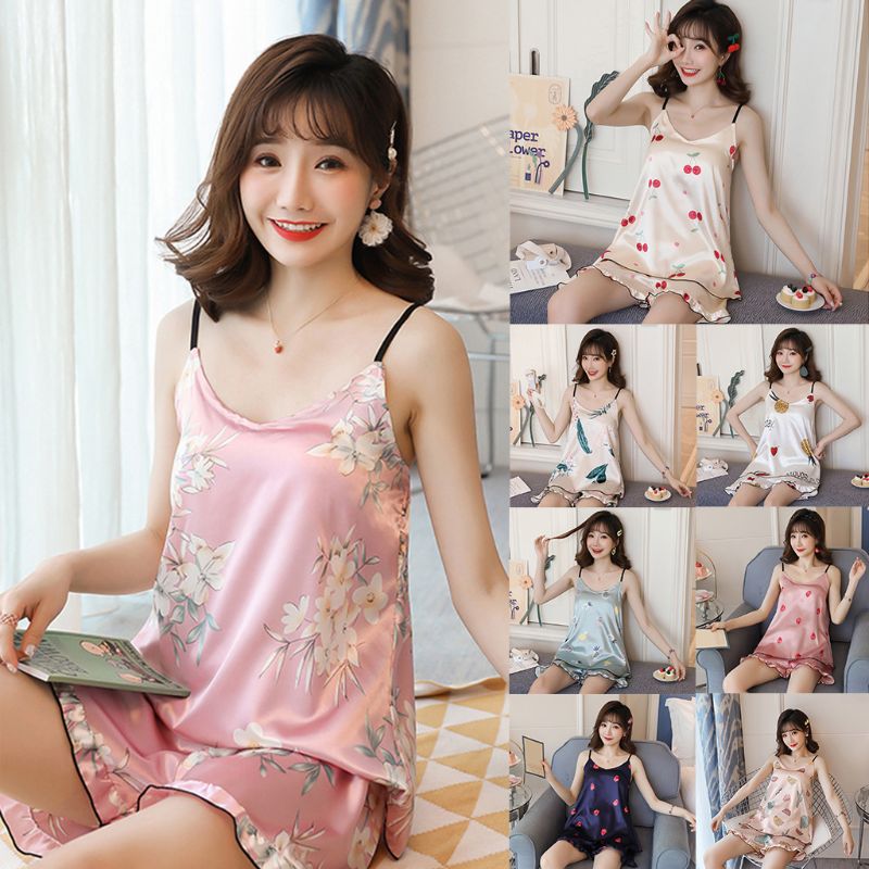 

Women Sleeveless Pajamas Set Ice Silk Sling Camis Tops Ruffles Shorts Sleepwear Sweet Fruit Print Padded Loungewear