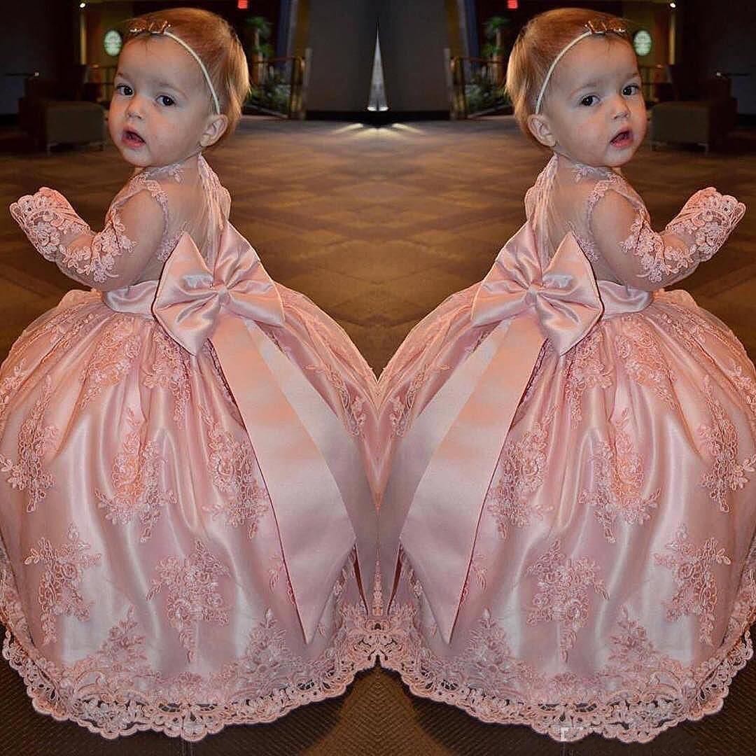 

Cute Pink Lace Girls Pageant Gowns Sheer Long Sleeves With Big Bow On Back Floor Length Flower Girl Dresses First Communion Gowns, Yellow