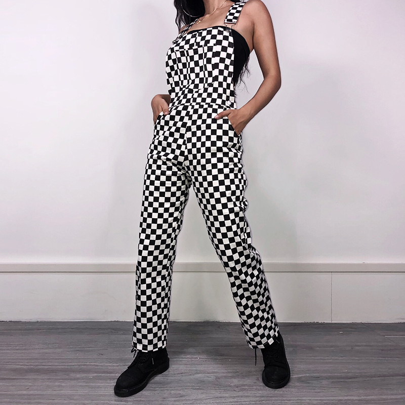 

2018 Spring Autumn New Fashion Women's European American Hip Hop Plaid Slim Trousers Loose Casual Tooling Bib Pants Female CSS19, Black white