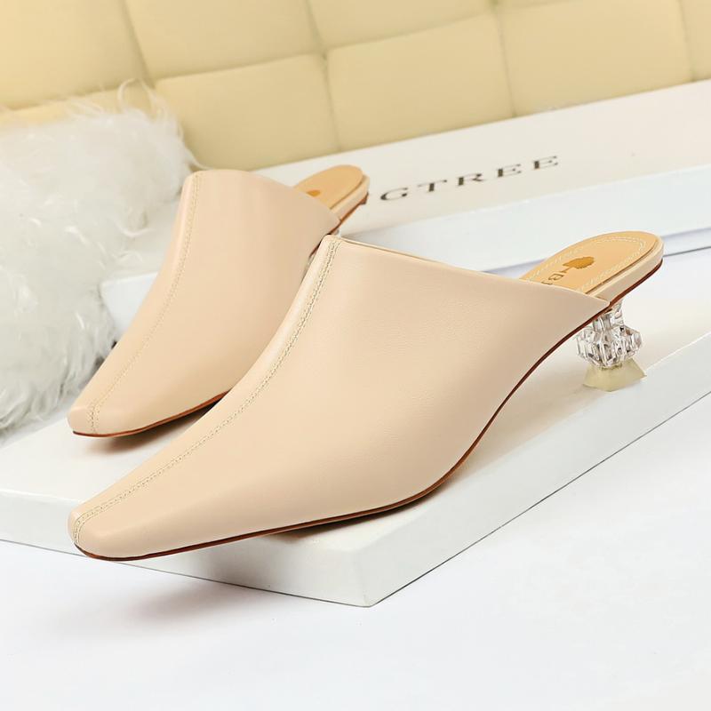 

BIGTREE New Women's Square Head Slippers Basic PU Solid Shoes Fashion Crystal Transparent Heel Med Strange Style Heel Sandals, Black