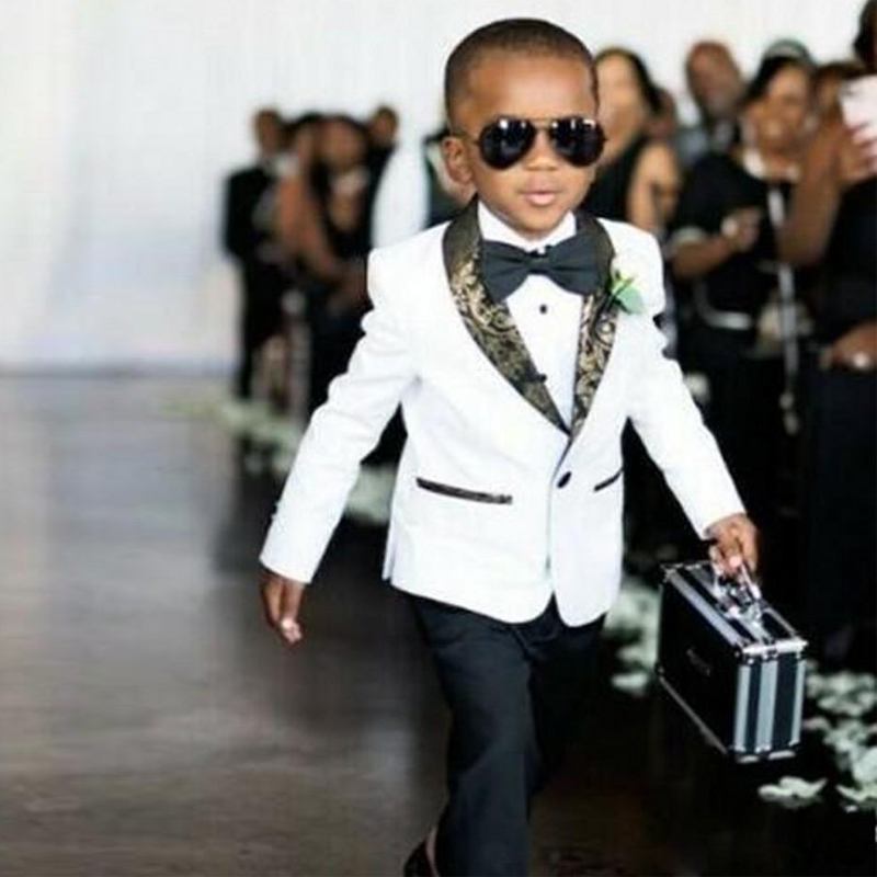 

Handsome White Kids Wedding Tuxedos Slim Fit Gold Pattern Lapel Suits For Boy Formal Wear One Button Children Groomsmen Blazer+Pants, Yellow