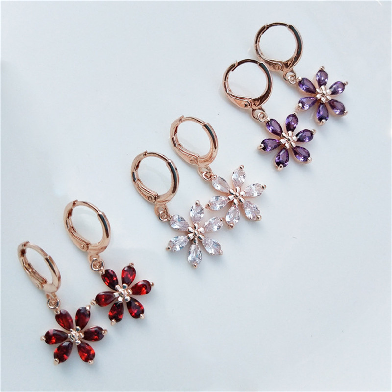 

Dangle & Chandelier Flower Drop Earrings Fashion White Purple Pink Zircon Crystal For Women Wedding Jewelry Gifts