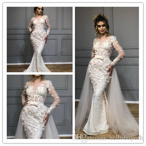 

Mermaid lace Long Sleeve Princess Wedding Dresses Detachable Skirt Train 2018 vintage african milla nova Wedding Bridal Gowns Dress, Ivory