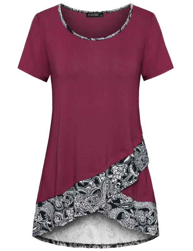 

Women Patchwork Hem Medium Style T-shirt Round Collar Layered Tunic Tops Costume, Black